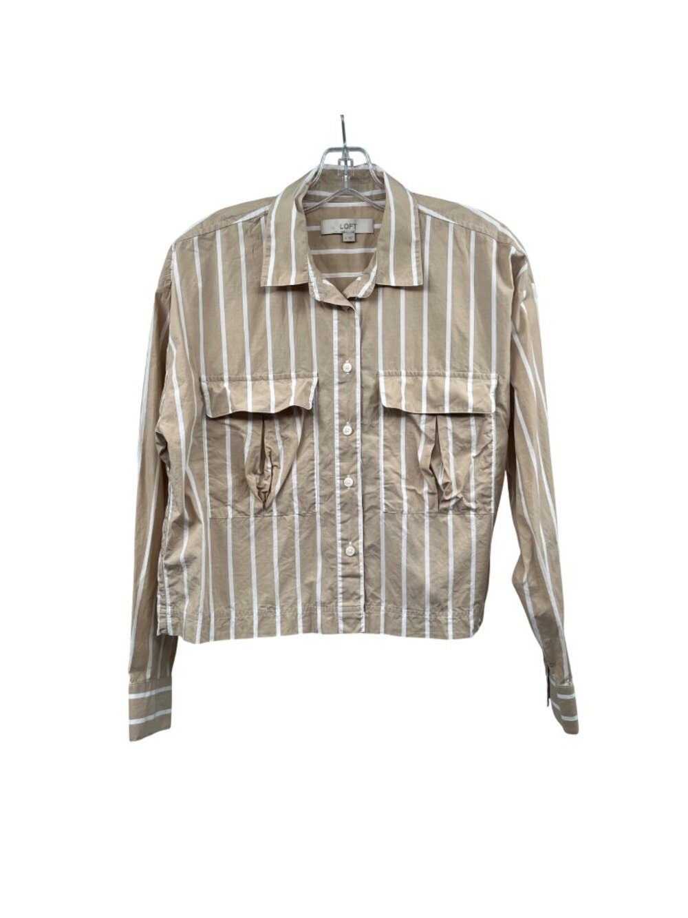 Loft Womens Striped Crop Top Button Up Tan/White Long Sleeve Size Small